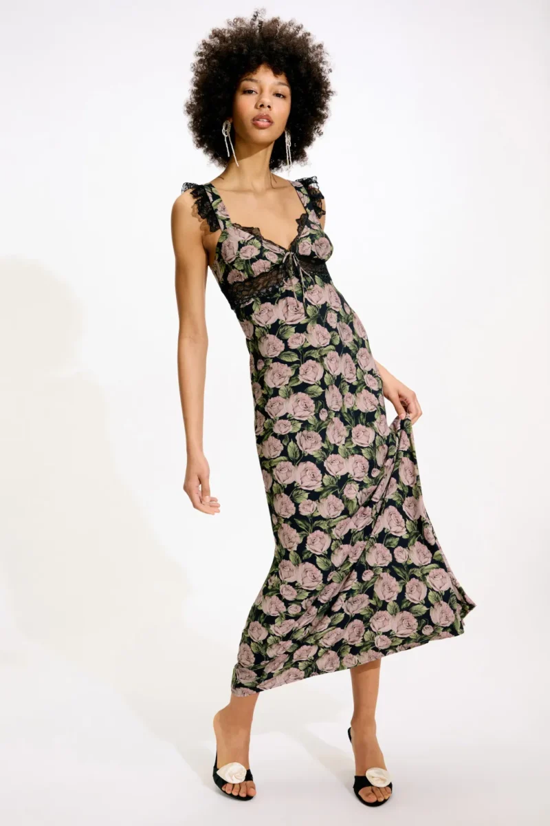 Rose Print Backless V-Neck Sleeveless Midi Dress with Lace – Summer A-Line - Image 2