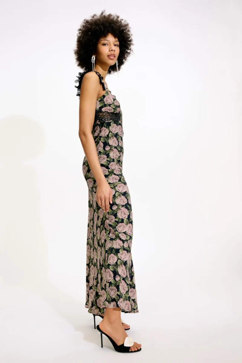 Rose Print Backless V-Neck Sleeveless Midi Dress with Lace – Summer A-Line - Image 3