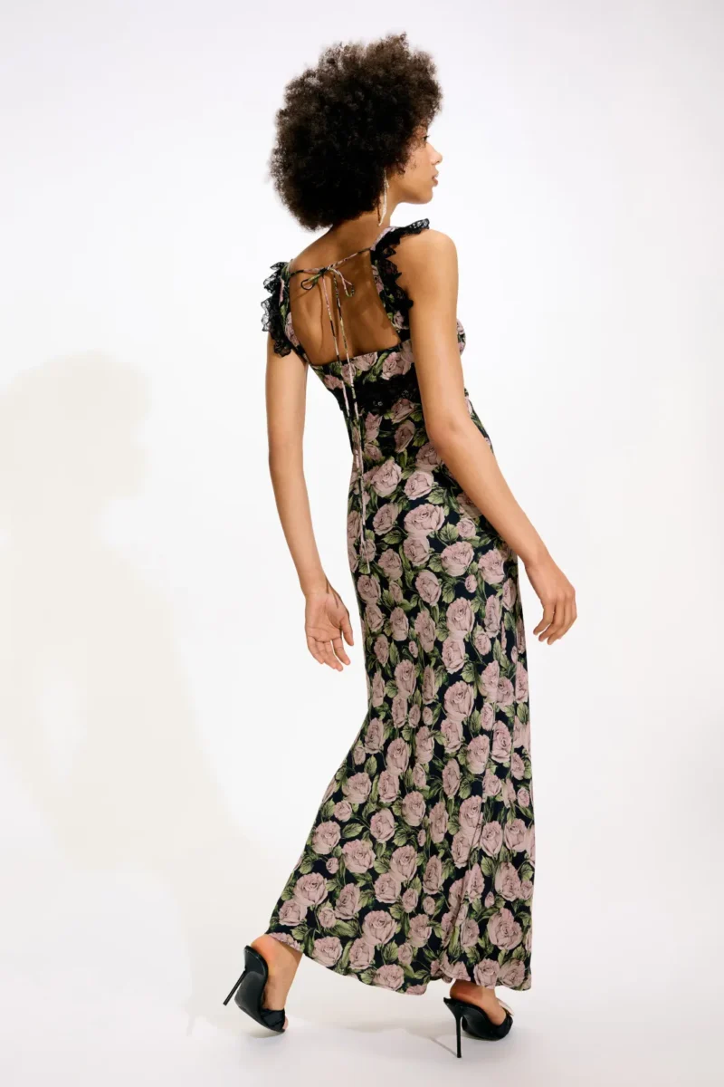 Rose Print Backless V-Neck Sleeveless Midi Dress with Lace – Summer A-Line - Image 4