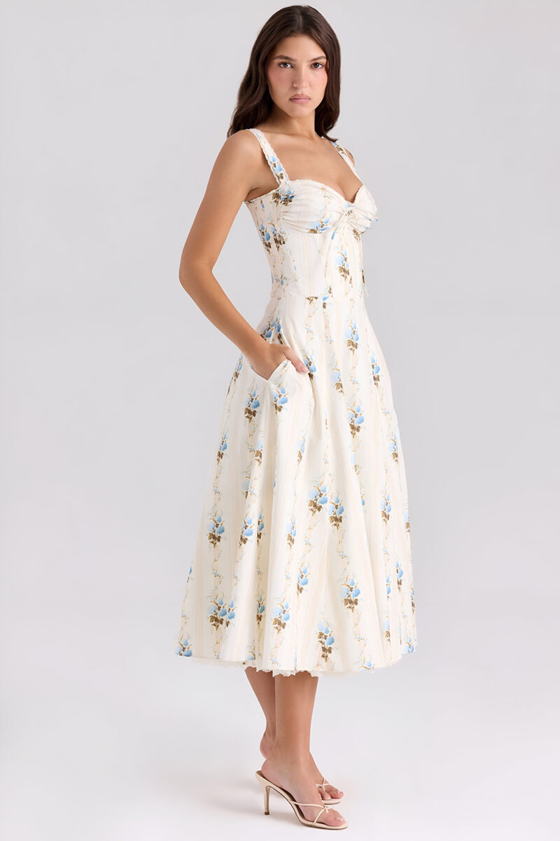Elegant Floral A-Line Midi Summer Dress with Lace Detail - Image 5