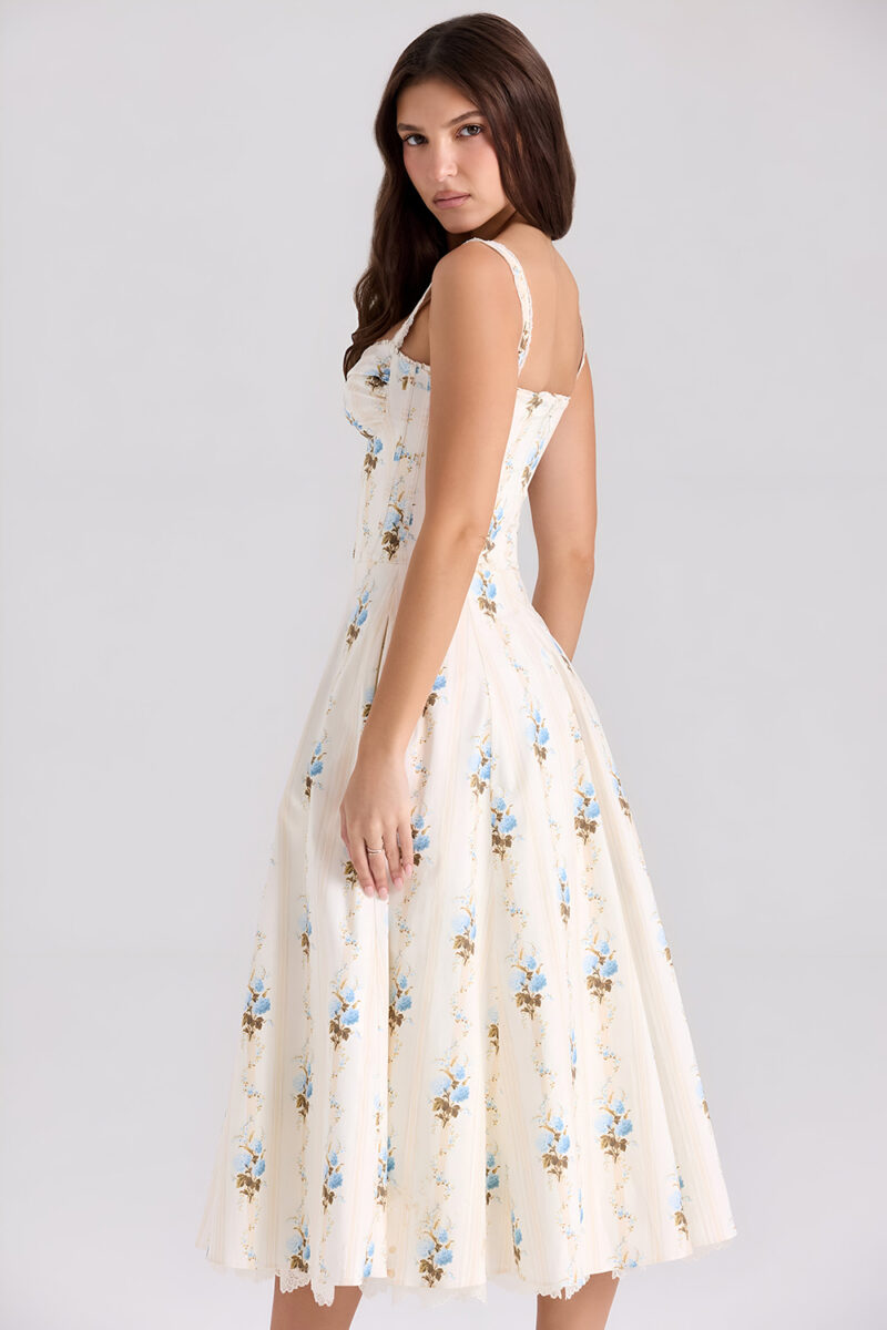 Elegant Floral A-Line Midi Summer Dress with Lace Detail - Image 6