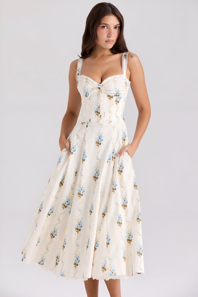 Elegant Floral A-Line Midi Summer Dress with Lace Detail - Image 4