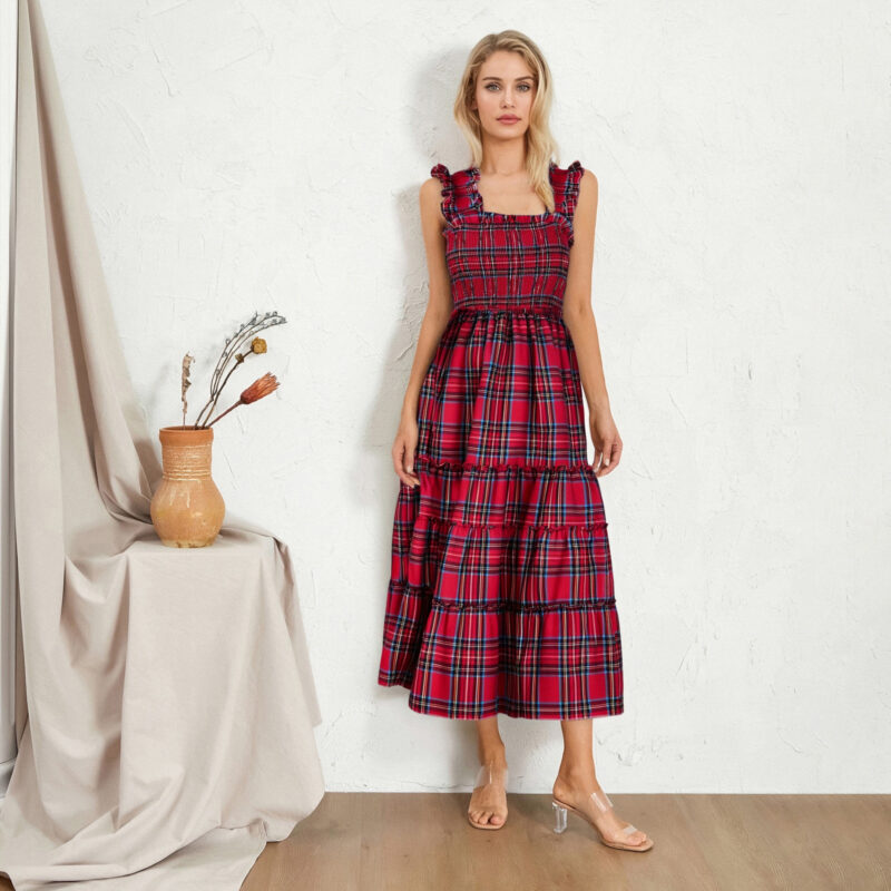 Women's Sleeveless Plaid Ruffle A-Line Summer Dress - Image 3