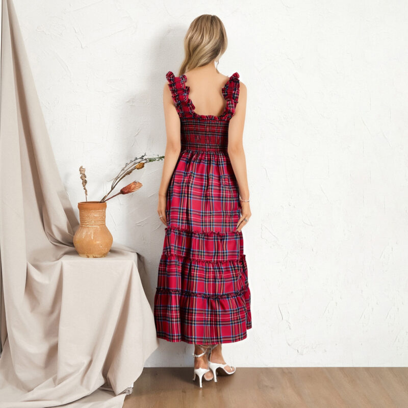 Women's Sleeveless Plaid Ruffle A-Line Summer Dress - Image 4