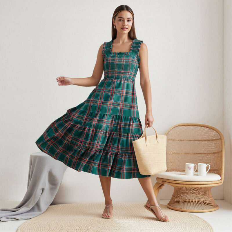 Women's Sleeveless Plaid Ruffle A-Line Summer Dress
