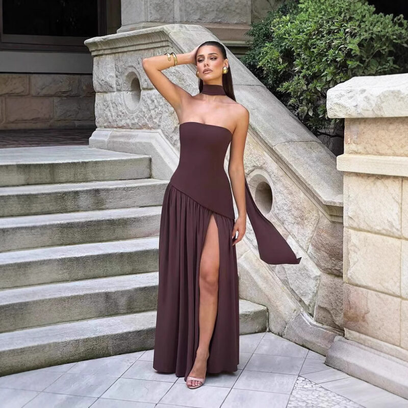 Elegant Black Maxi Dress with Scarf