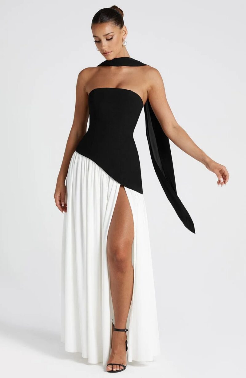 Elegant Black Maxi Dress with Scarf - Image 3