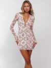 Deep V-Neck Floral Print Mini Dress with Lace-Up Front and Long Sleeves