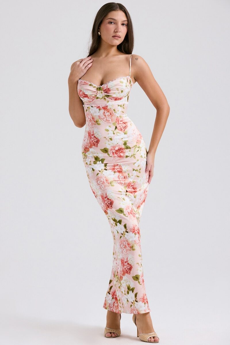Elegant Pink Peony Print Summer Maxi Dress for Wedding Guests & Parties - Image 5