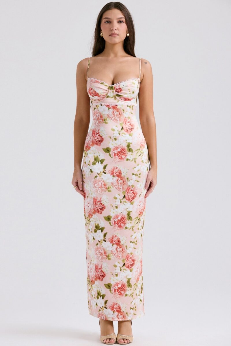 Elegant Pink Peony Print Summer Maxi Dress for Wedding Guests & Parties - Image 6