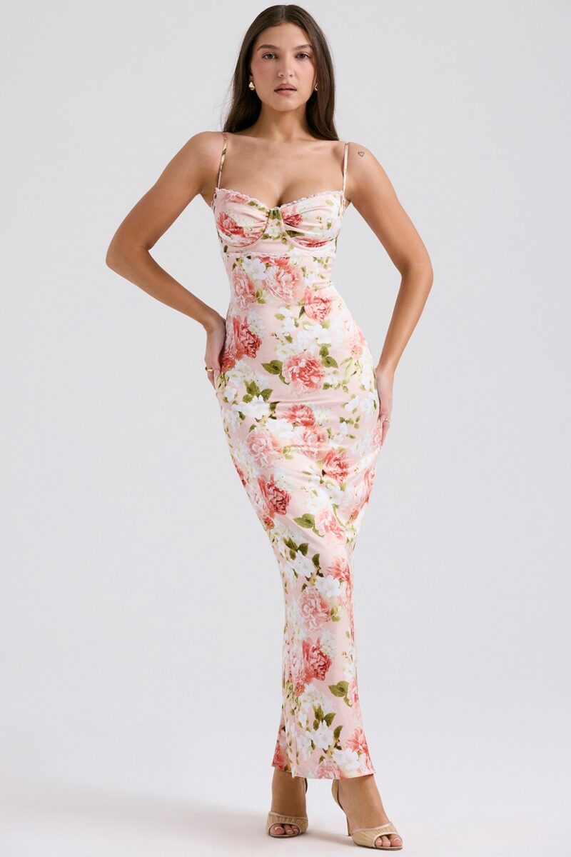 Elegant Pink Peony Print Summer Maxi Dress for Wedding Guests & Parties - Image 2