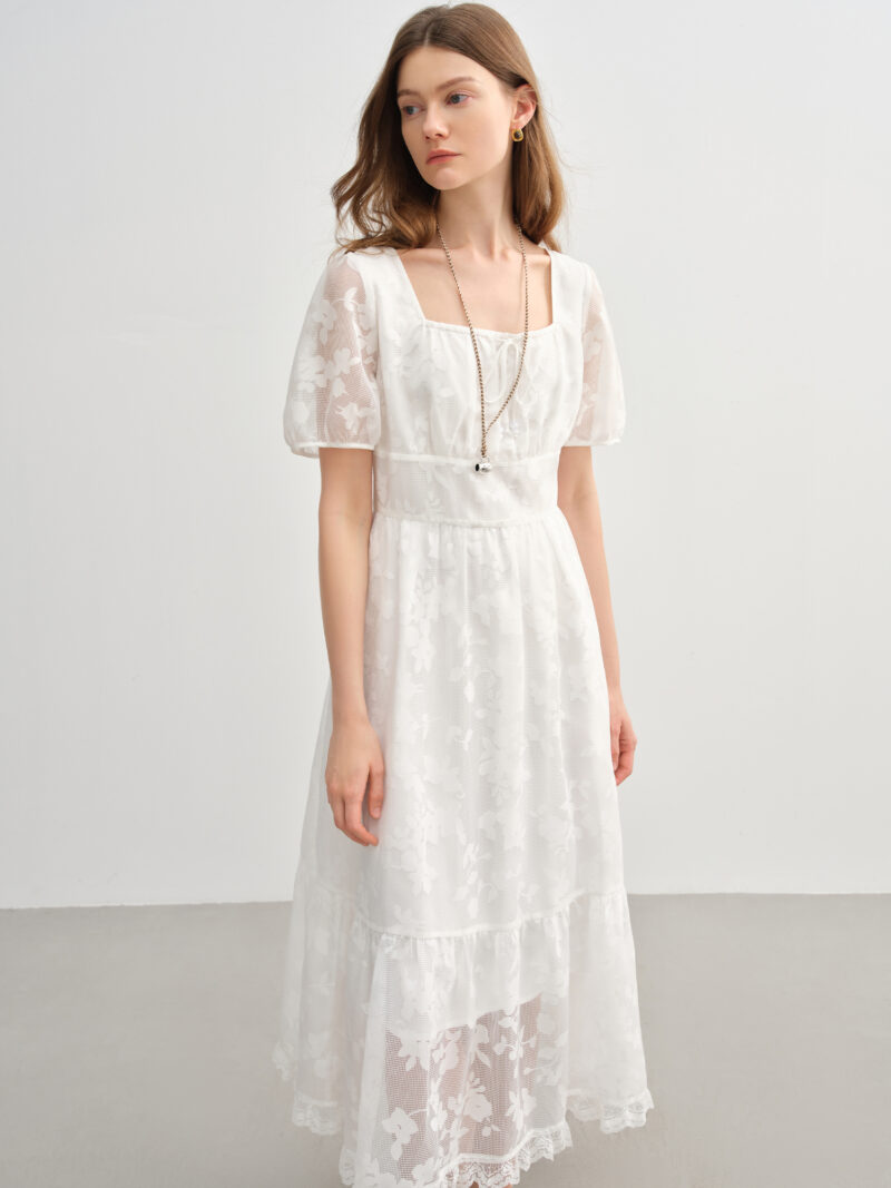Elegant Plus Size French-Inspired White Summer Dress with Puff Sleeves - Image 4