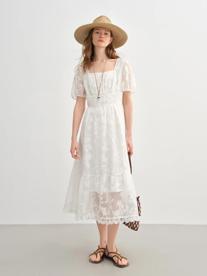 Elegant Plus Size French-Inspired White Summer Dress with Puff Sleeves - Image 3