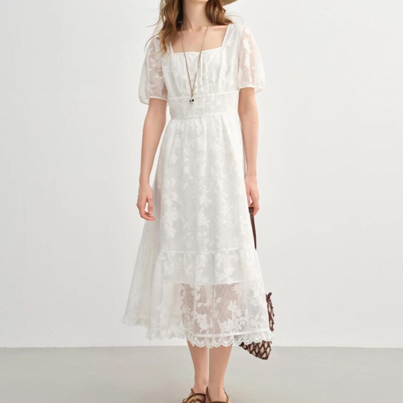 Elegant Plus Size French-Inspired White Summer Dress with Puff Sleeves