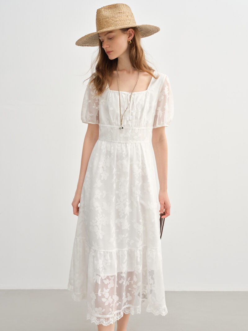Elegant Plus Size French-Inspired White Summer Dress with Puff Sleeves - Image 2