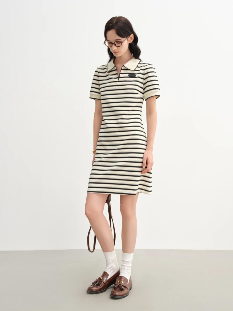 Striped Polo Knit Dress for Women Casual Summer 2025 Old Money College Style - Image 3