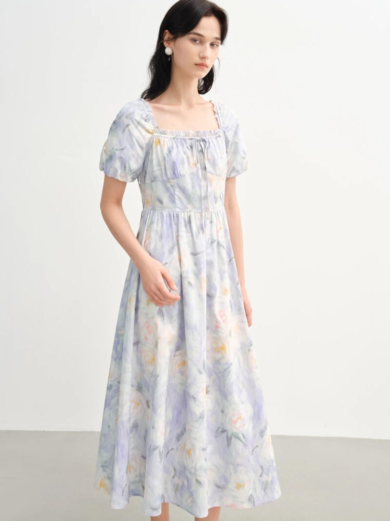 Romantic Oil Painting Floral Cotton Midi Dress with Puff Sleeves Summer - Image 4