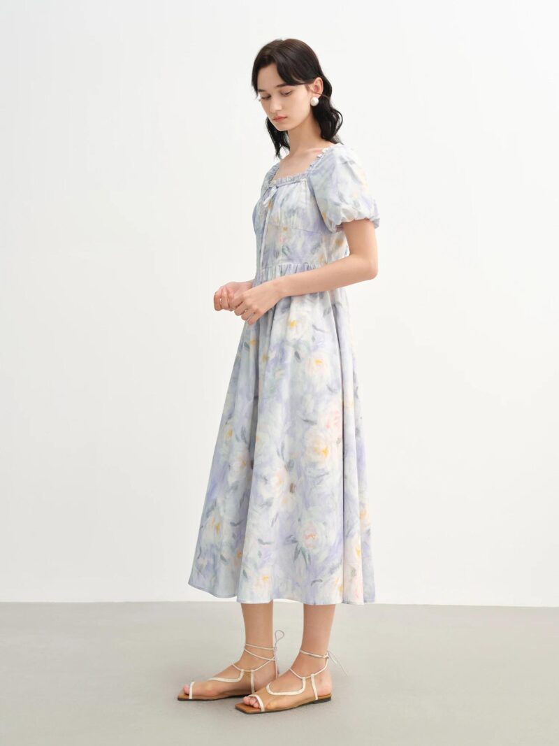 Romantic Oil Painting Floral Cotton Midi Dress with Puff Sleeves Summer - Image 3