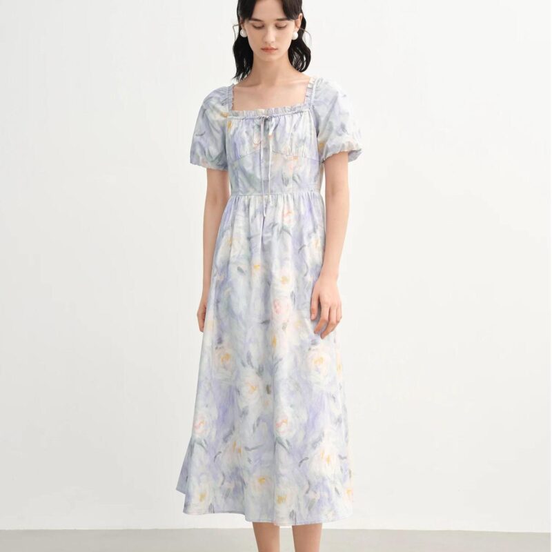 Romantic Oil Painting Floral Cotton Midi Dress with Puff Sleeves Summer