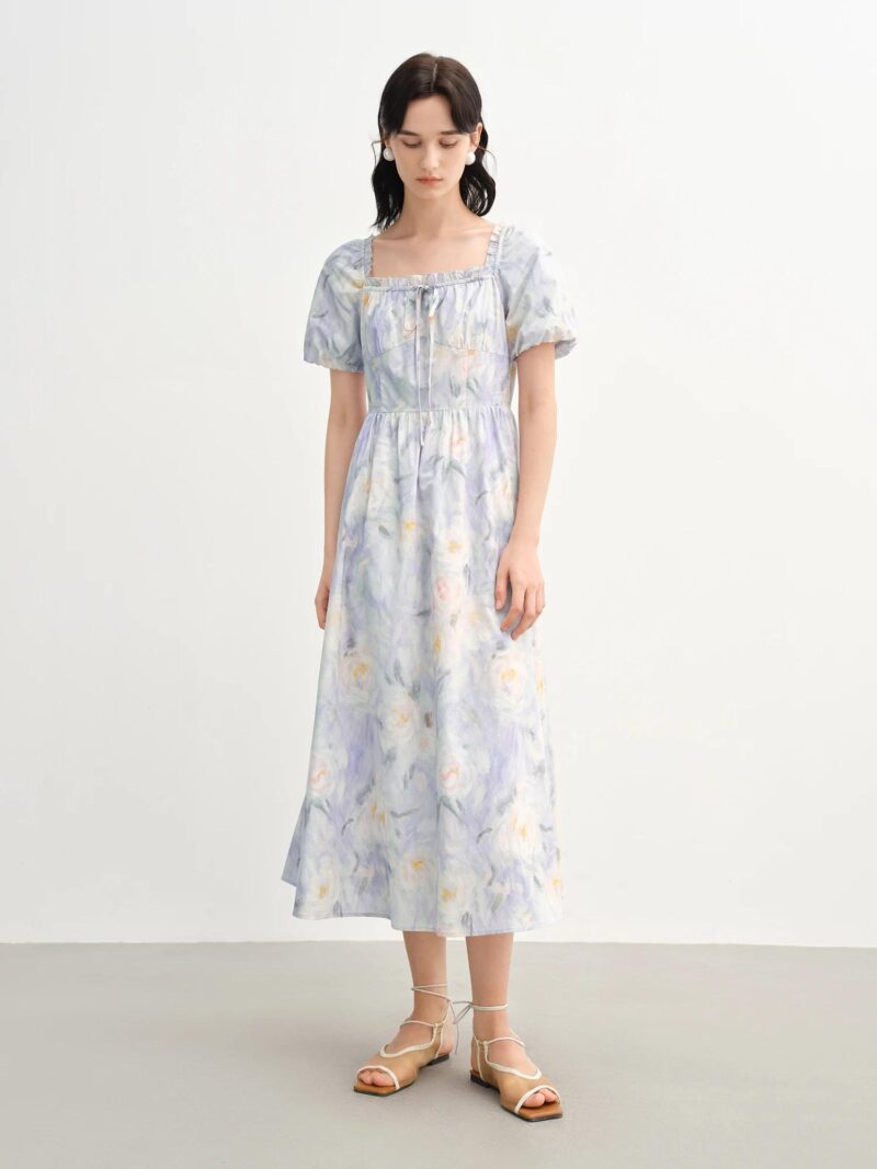 Romantic Oil Painting Floral Cotton Midi Dress with Puff Sleeves Summer - Image 2