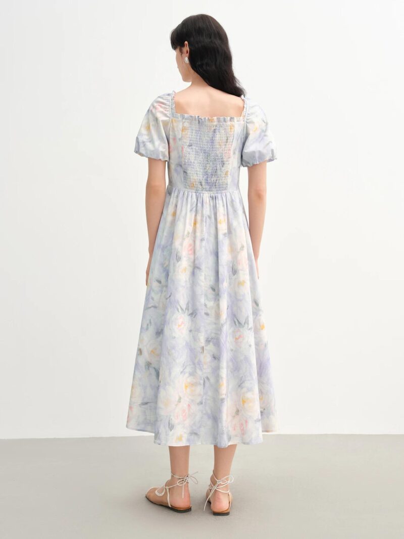 Romantic Oil Painting Floral Cotton Midi Dress with Puff Sleeves Summer - Image 5