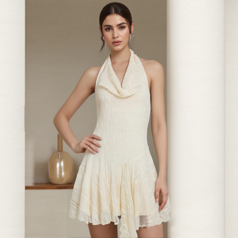 Backless Lace Cowl Neck Mini Dress