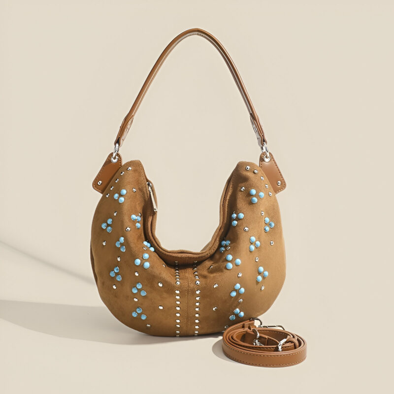 Retro Suede Rivet Shoulder Bag – Large Capacity Crossbody Tote for Women