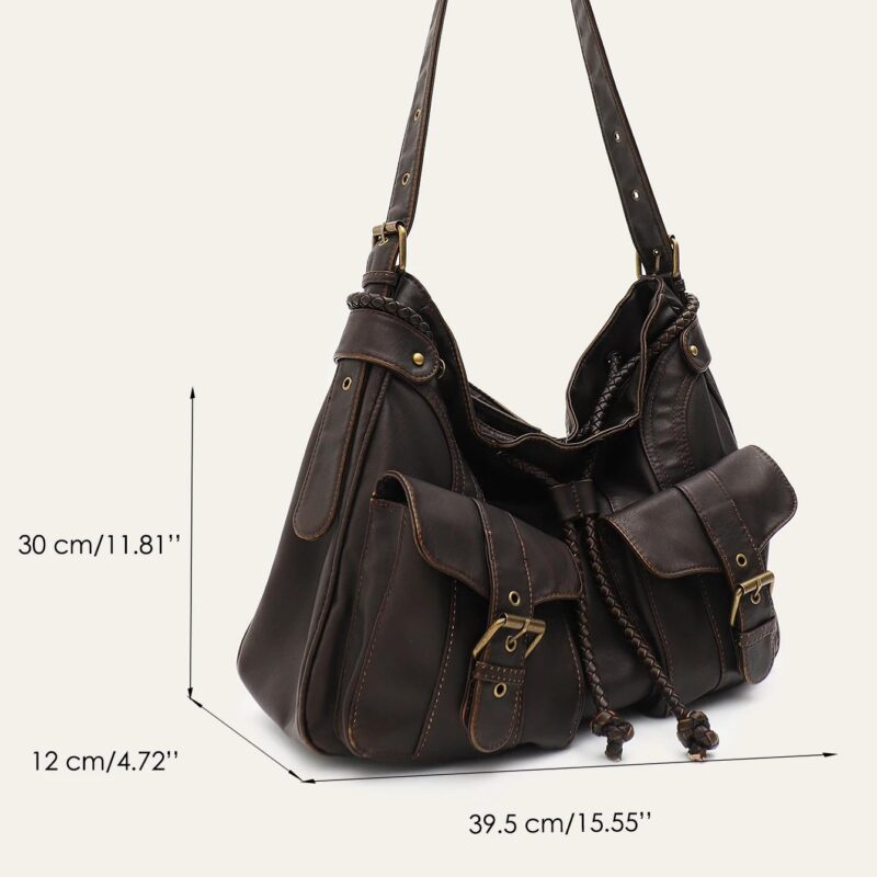 Vintage Soft Washed Vegan Leather Hobo Crossbody Shoulder Bag with Pockets - Image 7