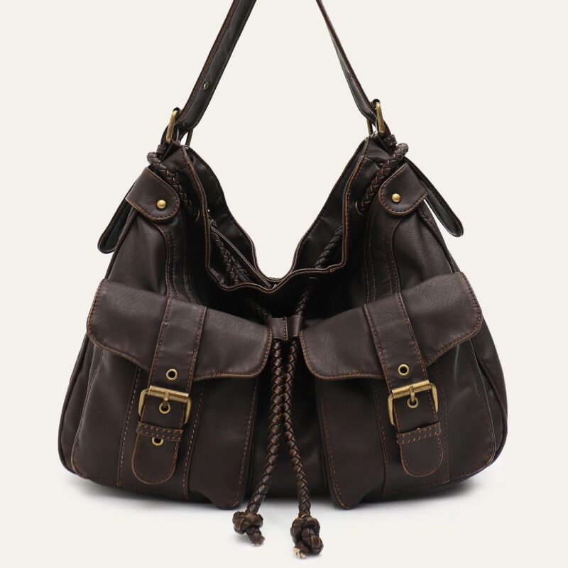 Vintage Soft Washed Vegan Leather Hobo Crossbody Shoulder Bag with Pockets - Image 2