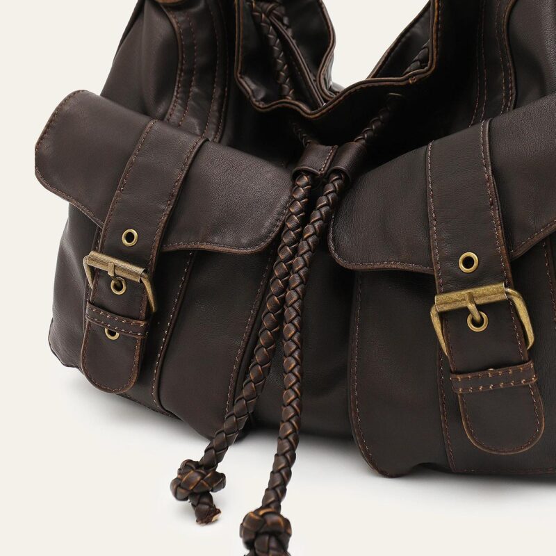 Vintage Soft Washed Vegan Leather Hobo Crossbody Shoulder Bag with Pockets - Image 3