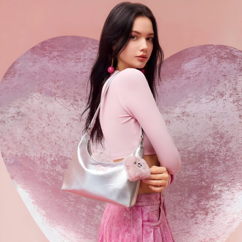 Silver PU Leather Tote Bag – Chic Underarm Shoulder Handbag - Image 4