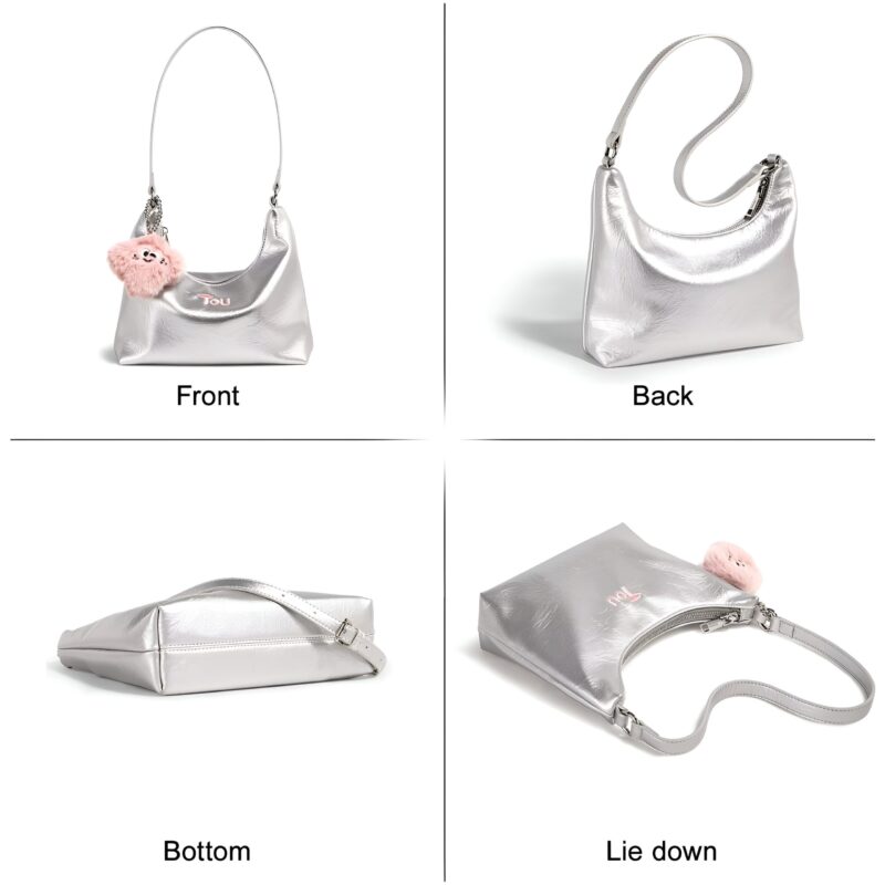 Silver PU Leather Tote Bag – Chic Underarm Shoulder Handbag - Image 6