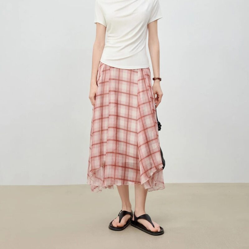 Retro Checkered Midi Skirt with Asymmetrical Hem