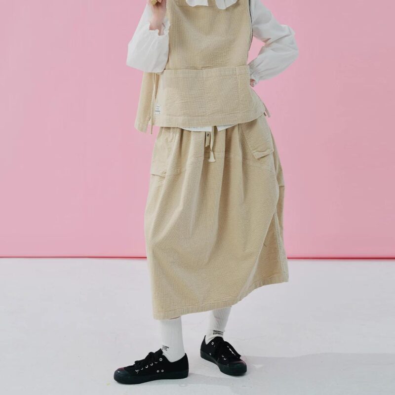 Spring Cotton Washed Corduroy Lantern Skirt with Pockets