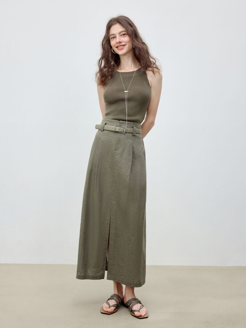 Summer Linen Cotton A-Line Midi Skirt with Triple Vents - Image 5