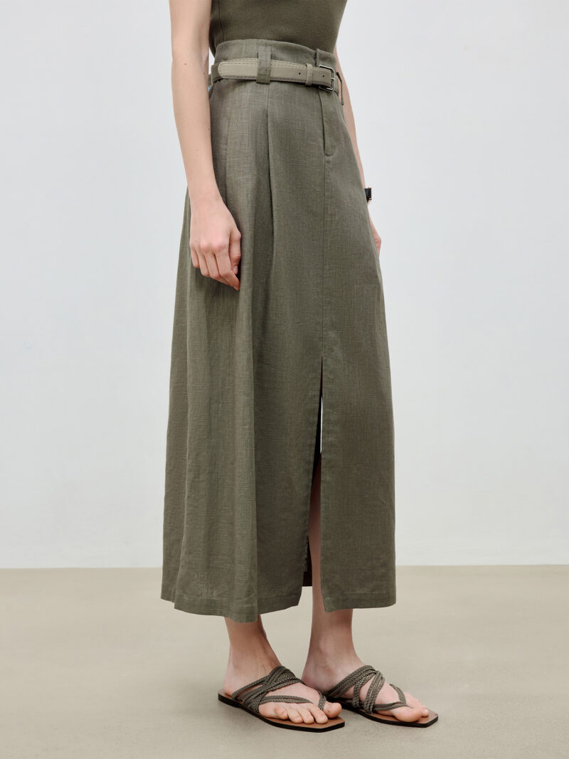 Summer Linen Cotton A-Line Midi Skirt with Triple Vents - Image 4
