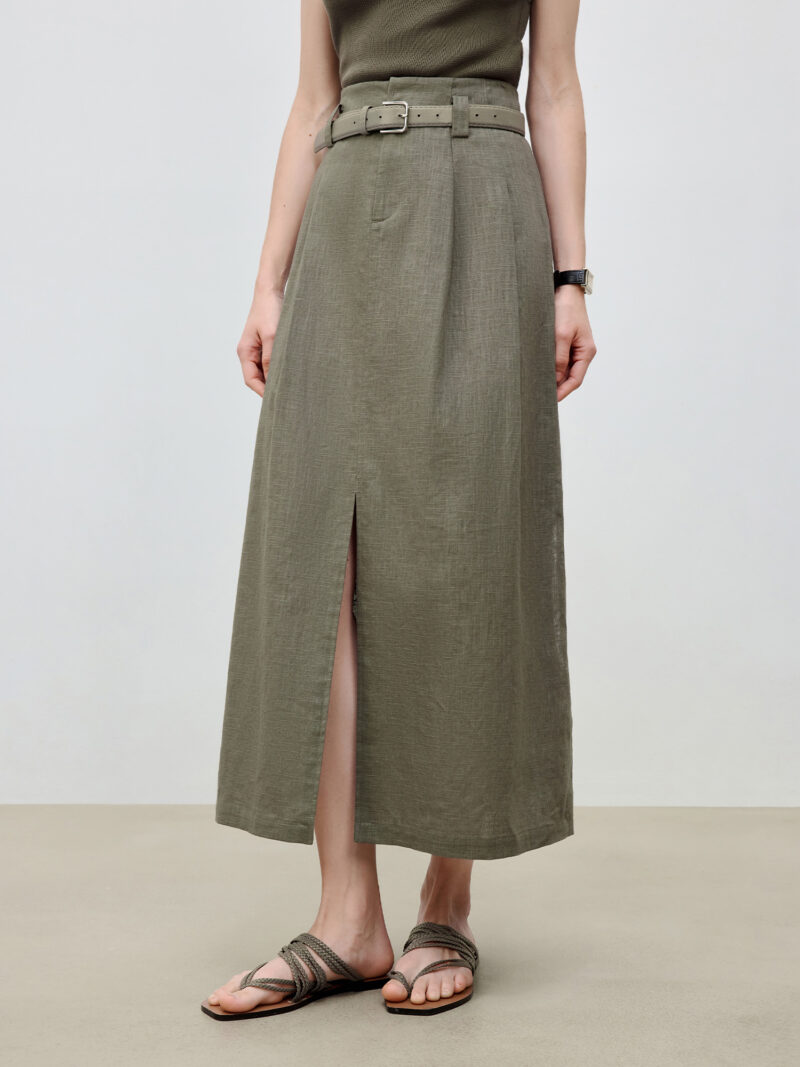 Summer Linen Cotton A-Line Midi Skirt with Triple Vents - Image 2