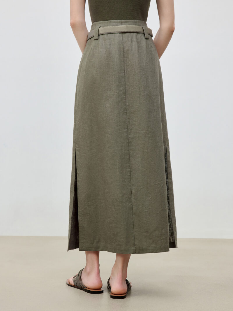 Summer Linen Cotton A-Line Midi Skirt with Triple Vents - Image 3