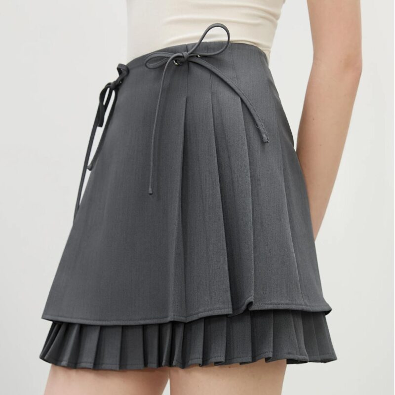 Minimalist Chic Grey Bow Tie Pleated A-Line Skirt for Women