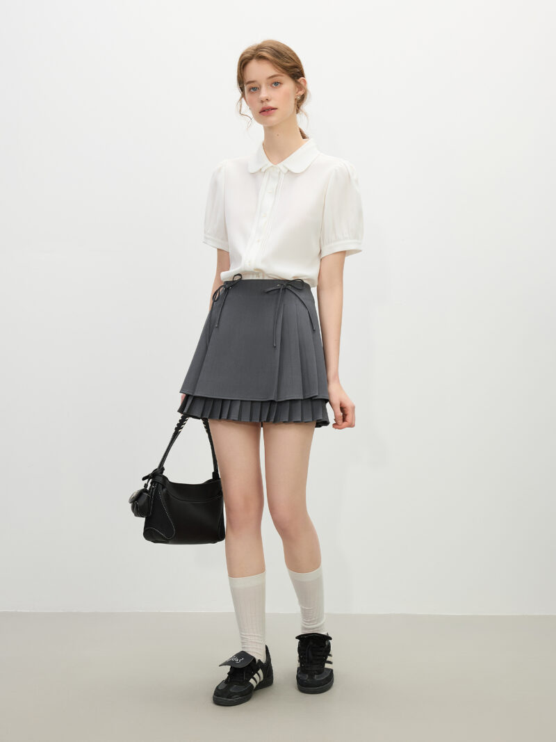 Minimalist Chic Grey Bow Tie Pleated A-Line Skirt for Women - Image 5