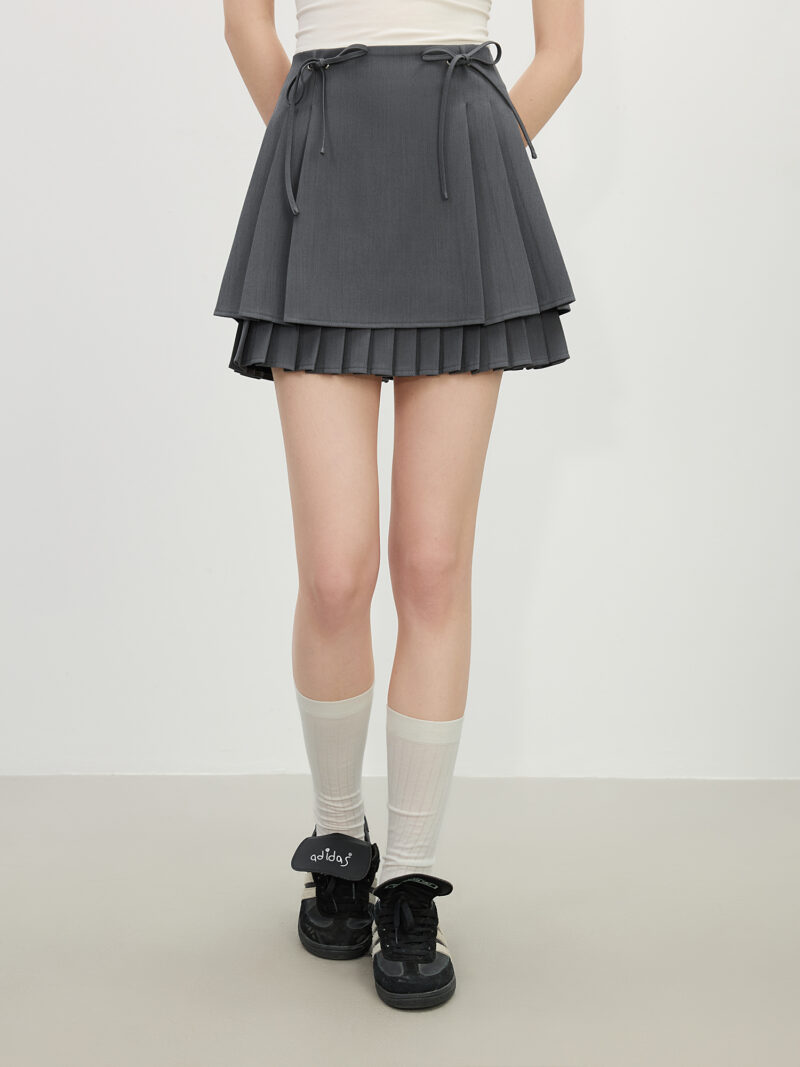 Minimalist Chic Grey Bow Tie Pleated A-Line Skirt for Women - Image 2