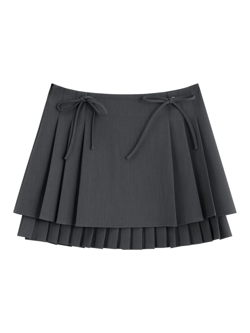 Minimalist Chic Grey Bow Tie Pleated A-Line Skirt for Women - Image 6