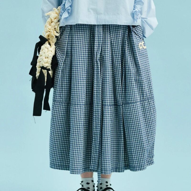 Summer Washed Plaid Cotton A-Line Skirt with Pockets