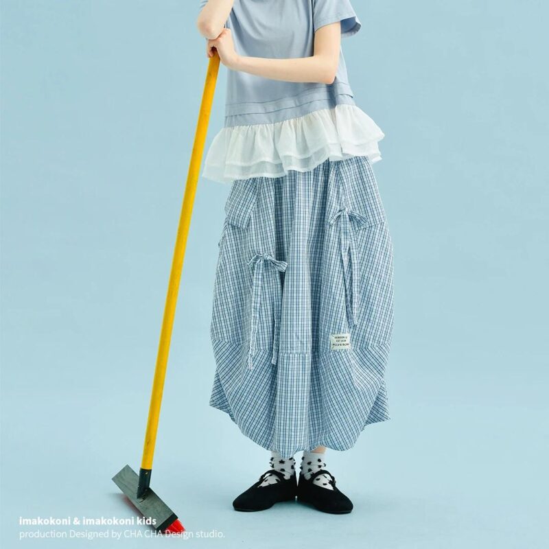Artistic Plaid Cotton A-Line Lantern Skirt with Pockets