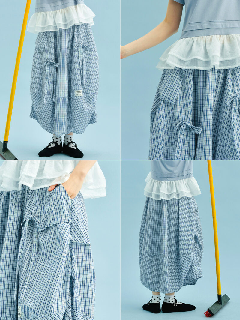 Artistic Plaid Cotton A-Line Lantern Skirt with Pockets - Image 6
