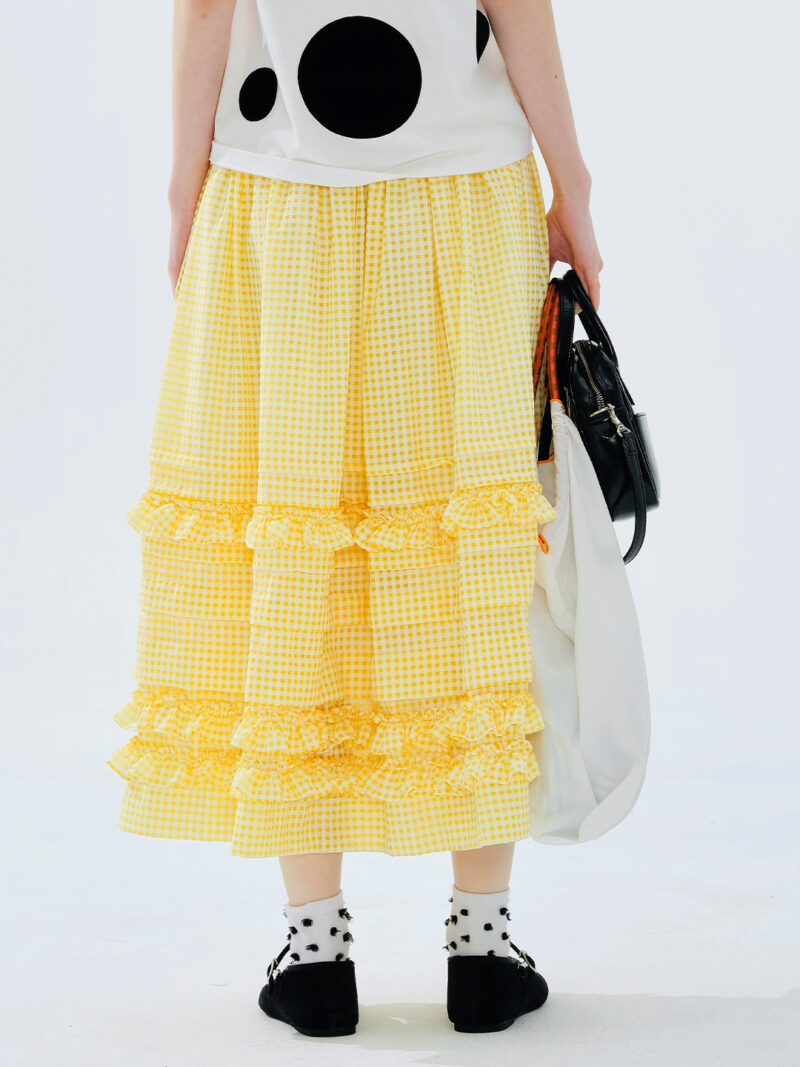 Yellow Checkered A-Line Skirt with Lace – Summer Casual Mid-Calf Skirt - Image 3