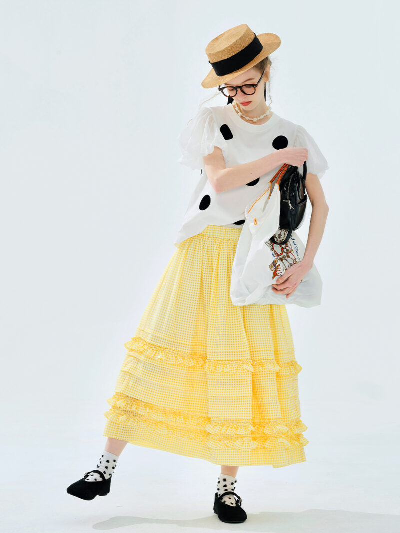 Yellow Checkered A-Line Skirt with Lace – Summer Casual Mid-Calf Skirt - Image 4