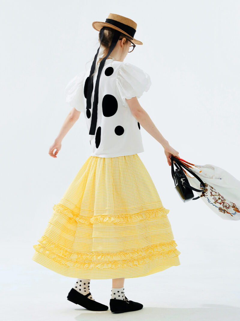 Yellow Checkered A-Line Skirt with Lace – Summer Casual Mid-Calf Skirt - Image 5