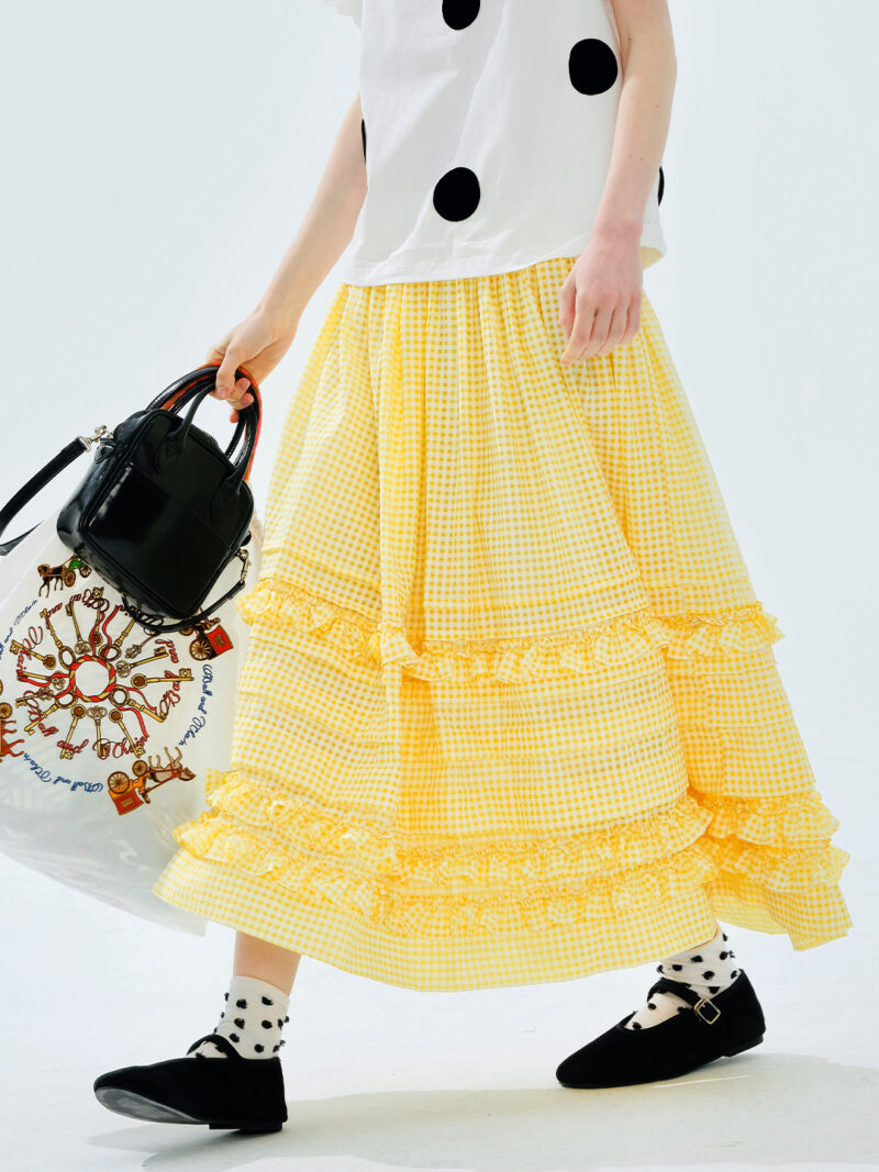 Yellow Checkered A-Line Skirt with Lace – Summer Casual Mid-Calf Skirt - Image 6