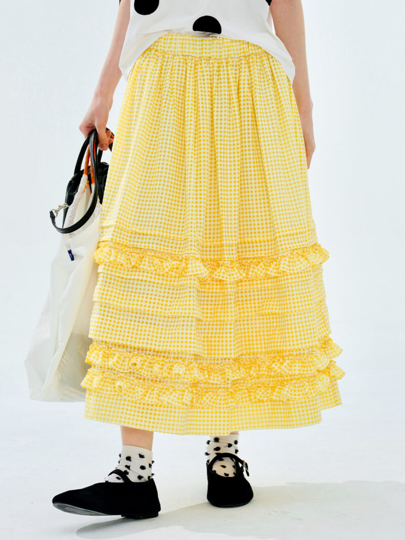 Yellow Checkered A-Line Skirt with Lace – Summer Casual Mid-Calf Skirt - Image 2
